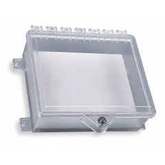 Clear polycarbonate wall fixture guard for outdoor controls. NEMA 4X rated, waterproof, and includes mounting hardware. Allows visibility at almost every angle. Surface mount with 8 7/8 in overall depth.