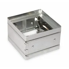 This rectangular fire damper features a curtain blade type and spring closure for horizontal mounting. It is static-rated and measures 7 3/4 inches in height and width with a 3 3/4 inch length. Used in HVAC systems to maintain fire resistance in ducts penetrating fire-rated partitions.