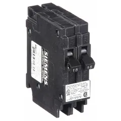 The Siemens Q1515 is a 1-pole duplex miniature circuit breaker rated 15/15 A at 120V AC with a 10kA interrupting capacity. Designed for plug-in installation in Siemens EQ Load Centers, it provides overcurrent protection for two separate 120V branch circuits in a single-pole space.
