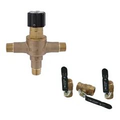 Point-of-use mixing valve with 1/2 in NPT brass inlet and outlet connections. Blends hot and cold water to a consistent temperature for a single fixture. Suitable for commercial and institutional applications requiring precise water temperature control.