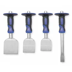 This 4-piece mixed chisel set includes a brick chisel, cold chisel, floor chisel, and mason chisel. Each chisel features a hand-guarded design to help protect the user's hand during striking. Suitable for masonry, brickwork, and general demolition tasks such as cutting, chipping, or scoring concrete, brick, and stone.