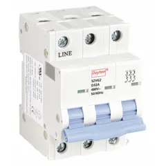 This 3-pole supplementary protector from the NDB2-63 series features a D-curve trip characteristic for moderate inrush currents. Rated 32A at 480V AC with a maximum interrupting rating of 7.5kA, it uses screw clamp terminals for secure wiring. Suitable for overcurrent and short-circuit protection in industrial control circuits, panel boards, and similar applications requiring DIN rail mounting.