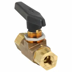 This manual two-way ball valve features a 3/8 in brass body with a straight pattern and female NPT (FNPT) connections on both ends. It has a standard port ball port and is operated by a lever handle. Typical applications include flow shut-off and control in instrumentation, pneumatic, and hydraulic systems.