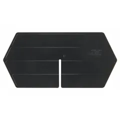 This cross-stacking bin divider measures 8 inches by 4 inches and is black. It is not electrostatic discharge conductive. Designed for use with compatible storage bins, it helps organize and separate contents within compartments in industrial settings such as warehouses, parts rooms, and assembly lines.