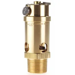Brass-bodied soft seat pneumatic safety valve with silicone seat, preset to 100 psi. Features a 1-inch male NPT inlet. Used for overpressure protection in compressed air systems and pneumatic circuits.