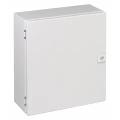 Steel enclosure with NEMA 4 rating for protection against hose-directed water and dust ingress. Measures 15 x 13 x 6 inches with a solid hinged cover secured by a 1/4-turn latch. No knockouts included. Suitable for indoor or outdoor use in wet or corrosive environments.