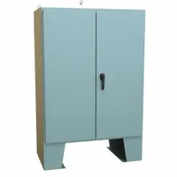 Steel dust-tight enclosure rated NEMA 12 for protection against dust, dirt, and non-corrosive liquids. Measures 60 in x 48 in x 25 in with a solid hinged cover secured by a handle closure. Includes a panel; knockouts are not provided. Suitable for housing electrical controls and instruments in industrial environments