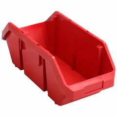 This red plastic bin is designed for organizing small parts, components, or tools in industrial settings. Its cross-stacking design enables stable vertical stacking without lids, optimizing shelf space. The included label holder allows clear identification of contents. The bin is not electrostatic discharge conductive and contains 0% recycled content.