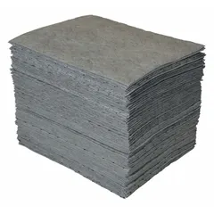 Polypropylene sorbent pad measuring 19 in x 15 in, gray color, sold in packs of 100. Designed for absorbing leaks, spills, and drips in industrial fluid management applications.