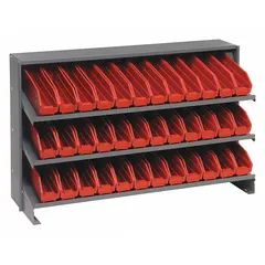 This metal stationary pick rack features a steel frame in gray with 36 red open-front bins, each measuring 4 in x 2-3/4 in x 11-5/8 in. It has 3 shelves and 1 usable side, suitable for organizing small parts in workstations or assembly areas.