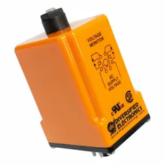 Surface-mounted relay for undervoltage monitoring in industrial control panels. Operates on 120V AC with a pick-up range of 102 to 135V AC and drop-out range of 97 to 130V AC. Features 8 pins/terminals and a contact rating of 5 A at 240V AC (resistive). Suitable for protecting equipment from voltage drops.