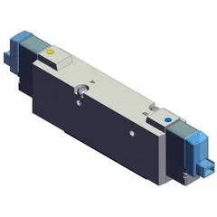 Five-way solenoid valve from the SYJ7000 series with a closed center position that blocks all ports when de-energized. Single solenoid operation, 24V DC coil voltage, aluminum body, and plug-in electrical connection. Used in pneumatic systems for directing compressed air in applications such as cylinder positioning and safety lockout.