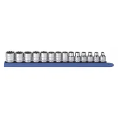 This 14-piece socket set includes 6-point SAE sockets in sizes from 1/4 in to 7/8 in with a 3/8 in drive. The friction ball retention design secures sockets on the drive tool. Suitable for tightening and loosening hex fasteners in automotive, industrial, and general mechanical tasks.