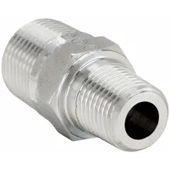 316 stainless steel straight pipe fitting with 3/8 in x 1/4 in thread sizes, rated for 6000 psi. Length 1 29/64 in. Used for connecting hydraulic or pneumatic lines in high-pressure systems requiring corrosion resistance.