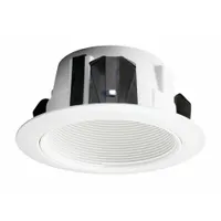 This 4-inch diameter housing trim ring is rated for 50 W and wet locations. It features a white matte baffle finish and is designed for use with recessed down lights in flat ceilings. Suitable for areas requiring moisture resistance such as bathrooms, covered porches, or showers