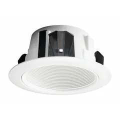 This 4-inch diameter housing trim ring is rated for 50 W and wet locations. It features a white matte baffle finish and is designed for use with recessed down lights in flat ceilings. Suitable for areas requiring moisture resistance such as bathrooms, covered porches, or showers.