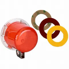 This removable-cover lockout device secures push buttons up to 0.63 inches in diameter during lockout/tagout procedures. The red unit measures 1.953 inches by 2.5 inches by 2.5 inches. It prevents accidental machine startup in industrial environments.