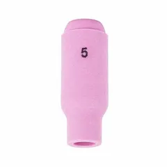 Standard alumina nozzle, model No. 5, for plasma cutting and welding applications. Directs and focuses the plasma arc for precise cutting of conductive metals. Sold in a pack of 10 units. Reference number 10N49.