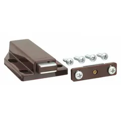 Plastic magnetic push-to-close catch with push opening action. Height 11/16 in, width 1 13/16 in. Used in cabinets, enclosures, and access panels requiring tool-free push-to-open and push-to-close operation.