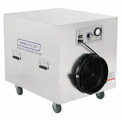 Negative air pressure and particulate filtration unit with a maximum airflow of 2,500 cfm. Constructed with lightweight aluminum. Includes an air filter. Suitable for industrial applications requiring air movement and containment of airborne contaminants.