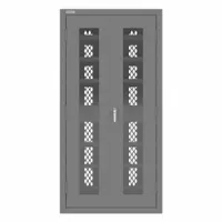This ventilated charging cabinet from DURHAM MFG is assembled and finished in gray. It features a keyed lock for security and power outlets for charging devices. Each shelf supports up to 300 lb, making it suitable for storing and charging tablets, laptops, or power tools in schools, warehouses, and industrial facilities