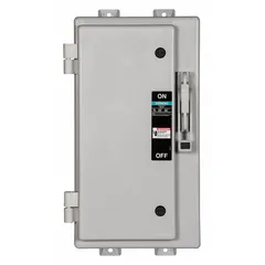 Non-fusible safety switch for isolating three-phase electrical circuits. Rated 100 A, 600V AC, with a non-metallic enclosure suitable for indoor and outdoor use. Used for maintenance disconnection and safety in industrial and commercial power distribution.