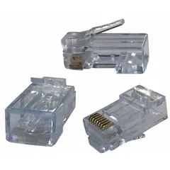Clear RJ45 pass-through connector for terminating solid, round Category 3/5/5e cable. Designed for simplex fiber applications, the pass-through design allows conductors to extend through the plug for simplified wiring. Pack of 50.