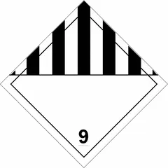 DOT placard for identifying Class 9 miscellaneous hazardous materials during transport. Measures 10 3/4 inches by 10 3/4 inches with the number 9 displayed. Suitable for use on containers and vehicles to meet regulatory labeling requirements.