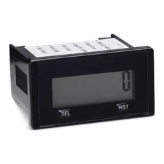 Panel-mount digital counter with a high-contrast reflective display featuring seven icons, three Redi-Alerts, and a dry-contact switch. Front panel cutout size is 1 1/8 in x 2 in. NEMA 4 enclosure rating permits use in washdown or dusty environments. Complies with WEEE standards.