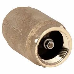 Inline poppet check valve with silicon bronze body and FNPT x FNPT connections. Prevents backflow in plumbing and industrial piping systems handling water, oil, or gas. Lead-free construction meets modern material standards.