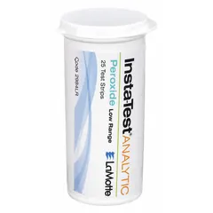 Single-parameter test strips for measuring hydrogen peroxide levels in aqueous solutions. Range 0 to 50 ppm Hydrion Peroxide. Pack of 25 strips. Used for quick checks in water treatment, sanitation, and disinfection monitoring.