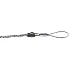 Galvanized steel pulling mesh grip with flexible eye style. Accommodates cable diameters from 0.25 to 0.49 inches. Breaking strength of 6,800 lb. Dark green color code. Used for pulling cables through conduit, trays, or ducts during electrical installations.