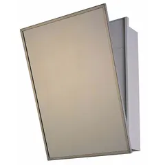 This mirrored medicine cabinet features a glass mirror and a stainless steel frame with a bright annealed silver finish. Overall height is 24 inches and overall width is 18 inches. Suitable for bathroom or medical facility storage, providing a reflective surface and corrosion-resistant construction.
