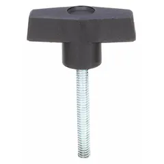 T-handle knob with threaded stud for manual clamping, positioning, and adjustment on industrial machinery, jigs, and fixtures. Plastic body with steel thread provides corrosion resistance for frequent hand-tightening. Thread size 1/4"-20, thread length 0.75 in.