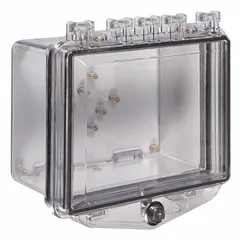Clear polycarbonate wall-fixture guard for indoor keypads. Surface-mounted with included hardware. NEMA 3R rated and water resistant. Helps protect against vandalism and damage.