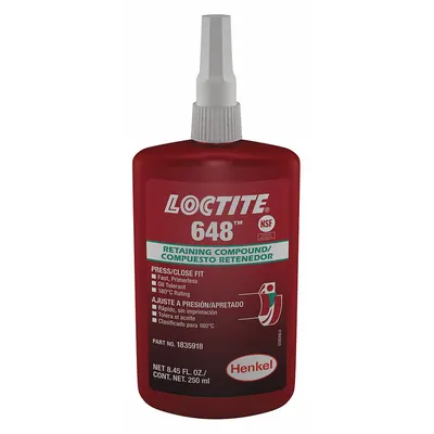 LOCTITE Retaining Compound: 648, 8.5 fl oz, Bottle, Green - Close-Fitting Parts Retaining Compounds
