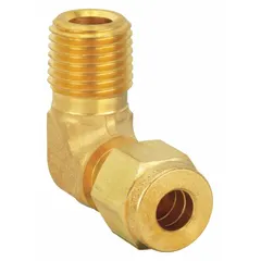 This PARKER double-ferrule brass compression fitting elbow connects tubing to male NPT threads at a 90-degree angle. It is used in pneumatic, hydraulic, and instrumentation systems to create leak-tight seals. Compatible with Parker A-LOK fitting brands.