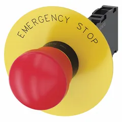 Mushroom-head push button with maintained action, non-metallic construction, and 22 mm mounting diameter. Suitable for use as an emergency stop device in industrial control panels and machinery where a maintained switch is required.