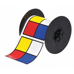 This roll contains precut NFPA diamond labels with no legend, allowing custom hazard communication printing via the BBP37 printer. The 4 in x 4 in vinyl labels feature an acrylic adhesive and are colored blue, red, white, and yellow. They are used to convey chemical hazard information in industrial settings.