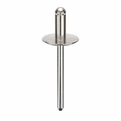 This large flange blind rivet has an overall length of 1 3/4 inches and a body length of 27/64 inches, with a 0.183-inch diameter. It is plain finish and supplied in a 250-piece pack. Designed for industrial assembly where a large flange head distributes load over a wider surface, it is used in applications requiring single-sided access.