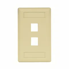This 1-gang, 2-port keystone wall plate is made of plastic in an ivory finish. It features a flat module style with vertical outlet orientation and is compatible with standard keystone jack modules. Used to mount and organize keystone jacks in structured cabling installations.