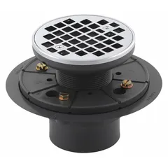 Threaded floor drain with height adjustment, designed for 3 in nominal pipe size. Features a 6 1/2 in silver grate. Suitable for use in shower installations where subfloor height variation requires adjustability.