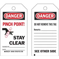 White danger tags with black/red 'Keep Clear' legend printed in English. Each tag features a write-on surface for custom remarks, date, or signature, and is secured with a cable-tie fastener. Suitable for temporary hazard identification and lockout/tagout marking on equipment or machinery