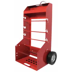 This 2-wheel tilt-style wire-spool dispensing cart is designed for holding and dispensing wire spools in industrial settings. It features four spindles with a 1/2 in diameter and two axle-mounted wheels for mobility. The cart is finished in red.