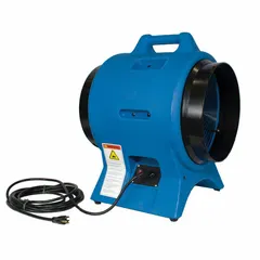 This 1 hp axial fan delivers 2,492 cfm max flow in free air through a 12 in duct. Operating at 240 V AC, it includes a low-profile manhole air vent. Used for ventilating confined spaces such as manholes, tanks, and vaults to remove hazardous fumes and supply fresh air.