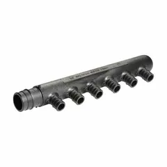 Polymer branch manifold with one inlet and six outlets, sized 1 in by 1/2 in. Rated for a maximum operating pressure of 73 psi. Used in plumbing and heating systems to distribute flow from a single supply line to multiple branches.