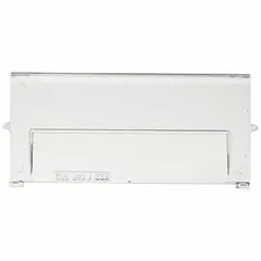 Clear plastic window accessory for Hang and Stack Bins, allowing visual identification of stored contents without opening the bin. Fits bins with 6 1/2 inch width. Compatible with QUS239 bins. Used in warehouses, workshops, and industrial storage systems for improved inventory management.