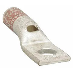 Copper one-hole compression lug for terminating 2 AWG stranded copper wire to a 3/8 in stud. Suitable for use in electrical panels, switchgear, and power distribution systems requiring a low-resistance connection.