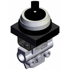Manual air control valve with two-position twist actuator and three ports. Features an M5 bottom-ported body. Used in pneumatic systems to direct airflow between sources in confined spaces.