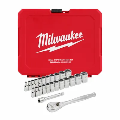 MILWAUKEE Socket Set: 1/4 in Drive, 25 Piece, 6-Point, Metric/SAE - SAE & Metric Socket Sets with Drive Tools